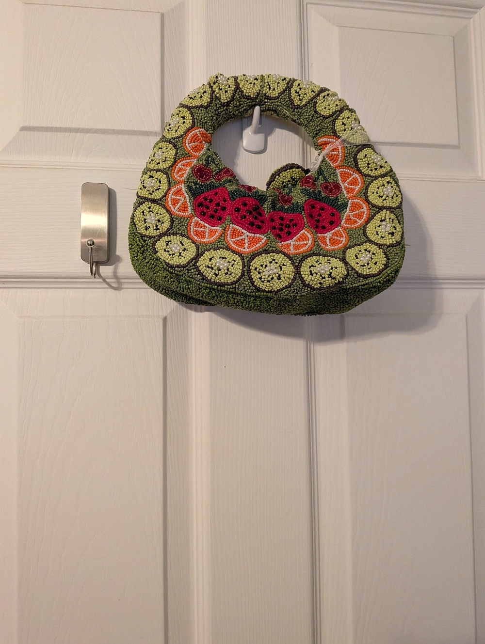 Viral Fruit salad Beaded Fruit Motif Handbag - Green, Orange, Pink-NWT
